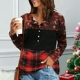 thumbnail image 1 of Camisa de empalme con estampado navideño Top de empalme a cuadros con bloques de color de manga larga y cuello redondo delgado a la moda para otoño Rojo M, 1 of 5