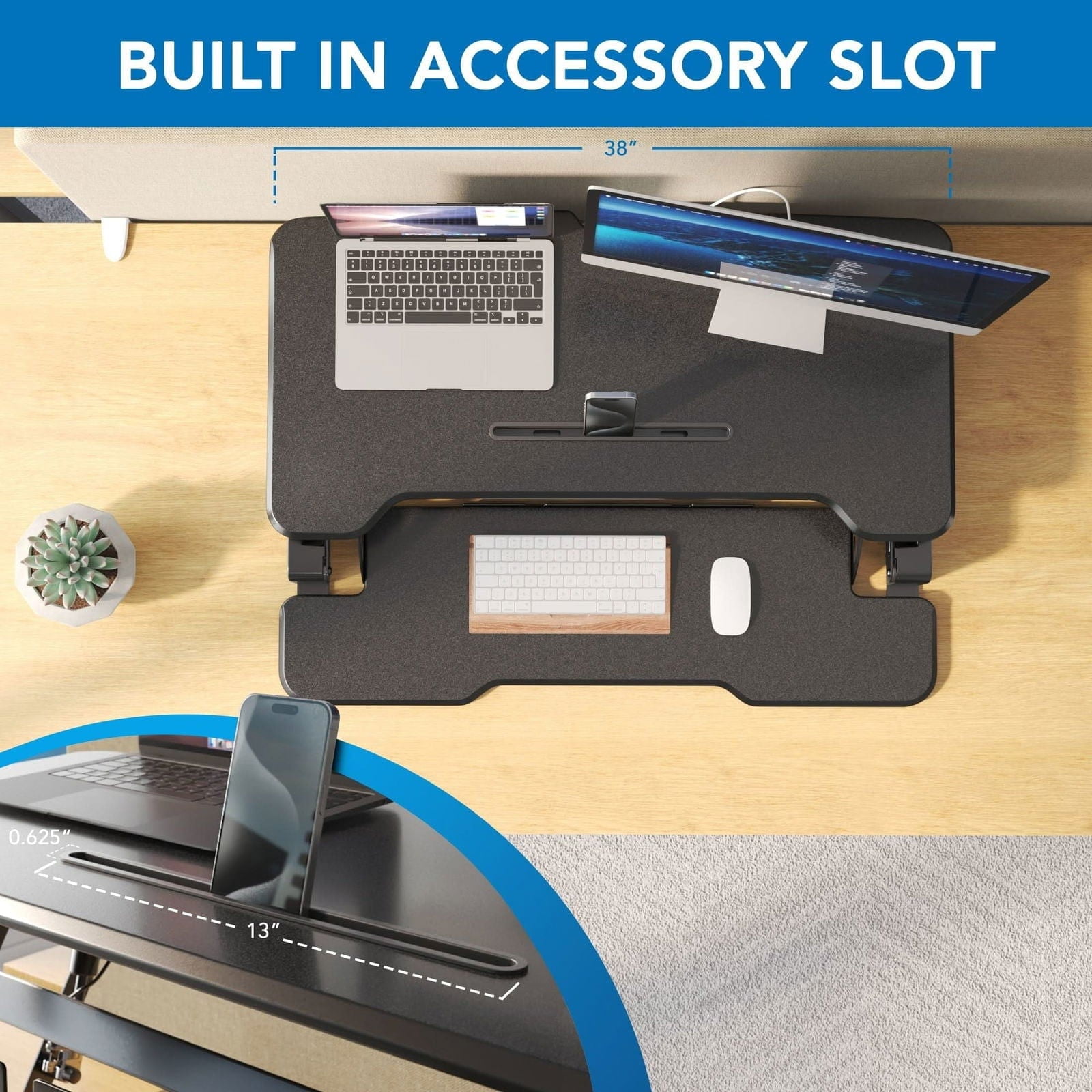 Mount-It! 38'' Standing Desk Converter – Height Adjustable Sit Stand Riser with Dual Monitor Space, Keyboard Tray & Device Slot – Gas Spring Lift, MDF Desktop, Black