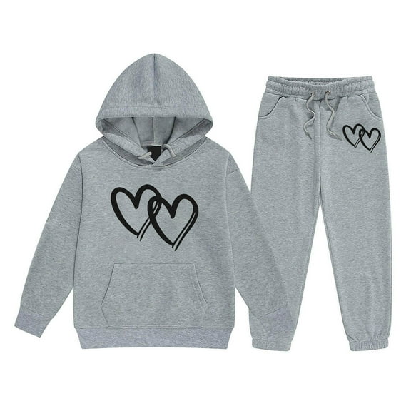 CAIXIA Valentines Day Girls Clothes 2 Piece Hoodie Girls Long Sleeve Hooded Sweater and Pants Set with Heart and Letter Print Design for Comfortable Casual Wear,Grey