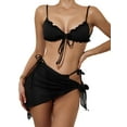 thumbnail image 3 of Musuos Women Split Swimsuit Set, Solid Color Bikini with Ruffles+Lace-up Panties+See-through Mesh Cover Ups, 3 of 8