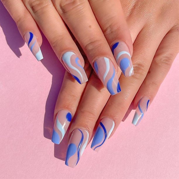 Parche para uñas con estampado de ondas azules, 24 Uds., tipo pegamento, extraíble, párrafo largo, manicura de moda, ahorro