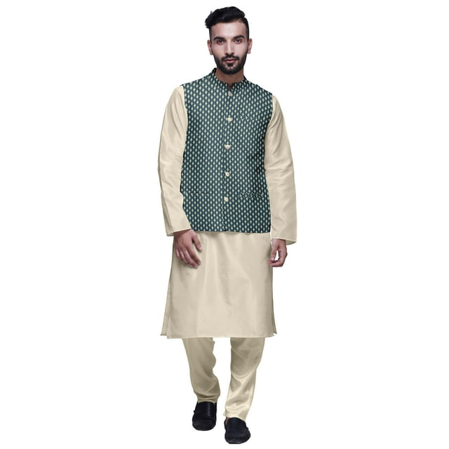 Atasi Kurta Pyjama Traditionnel Uni à Col Mandarin avec Ensemble de Veste Imprimée