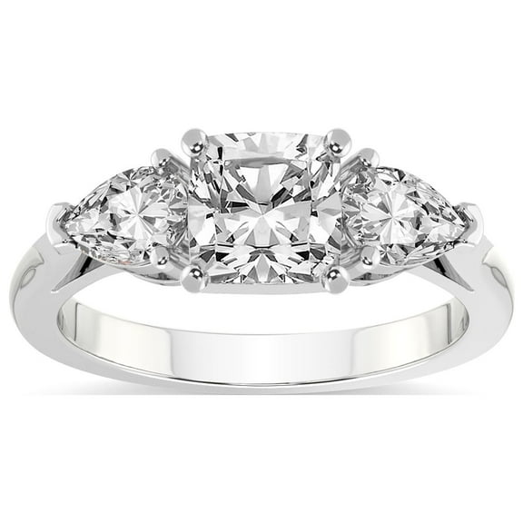 IGI Certified 2 Carat Cushion Shape Lab Grown Diamond Engagement Ring | 14K White Gold | Della Three stone Pear Shape Side Lab Diamond Ring | FG-VS1-VS2 Quality Friendly Diamonds
