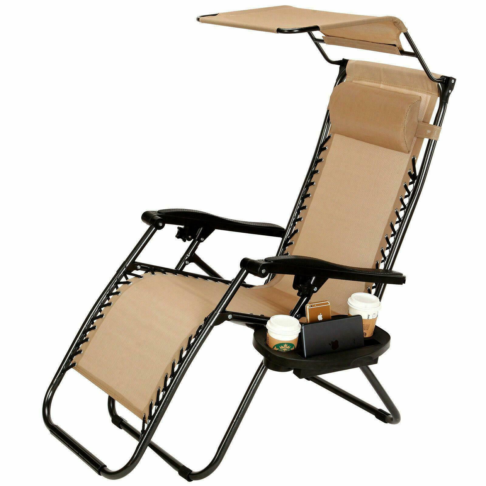 Zero Gravity Folding Patio Lounge Beach Chairs w/ Canopy Sunshade Cup Holder TAN 