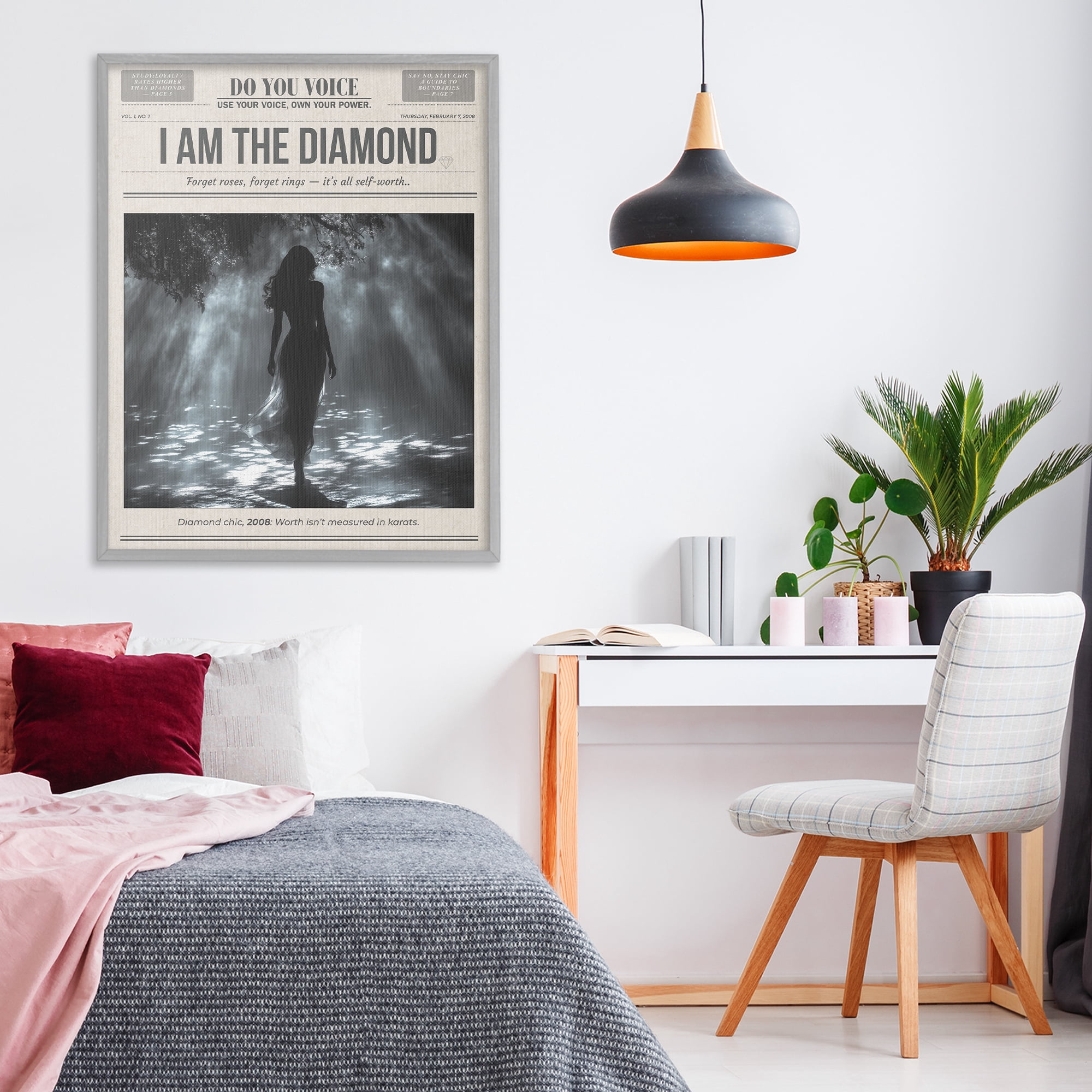 Stupell Industries Diamond Chic Newspaper Gray Framed Giclee Art, design by A Barefoot Stylist