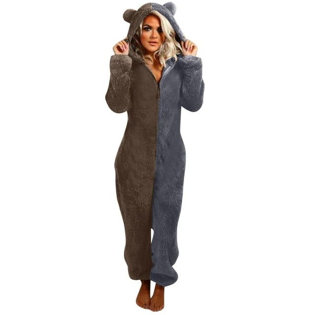 Combinaison Pyjama une Pièce Chaude d'Hiver en Molleton pour Femme, Peluche, Confortable, à Capuche avec Fermeture Éclair, Duveteuse, Tenue de Nuit
