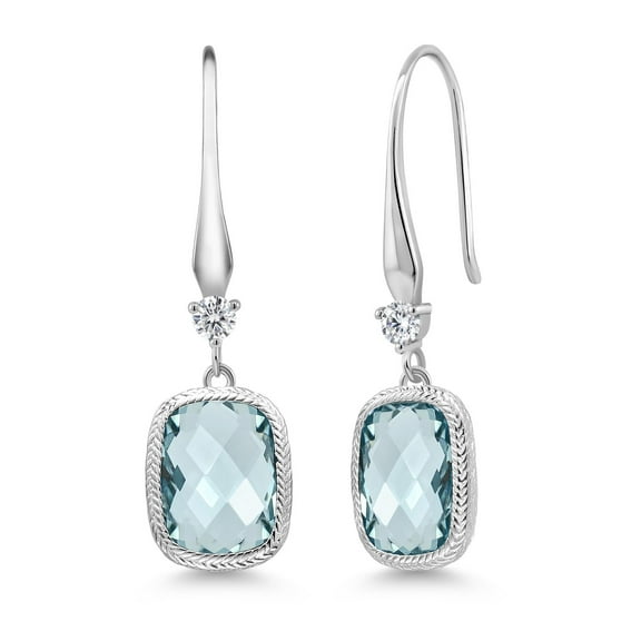 Gem Stone King 925 Sterling Silver Simulated Aquamarine Dangle Earrings for Women (4.60 Cttw, 13X9MM Cushion Checkerboard Cut)