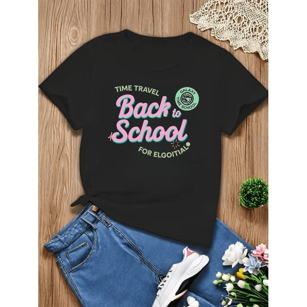 Girls' Casual Crew Neck T-Shirt - “Back to School” Graphic Print, 100% Cotton, Short Sleeve, Summer Top for Casual Attire, Everyday Tshirt | Playful Print Tee | Cotton Fabric, Shirts for Girls