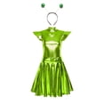 thumbnail image 3 of TiaoBug Women's Metallic Shiny Fly Sleeve Skater A-Line Pleated Club Party Dress with Alien Headwear Fluorescent Green XL, 3 of 6