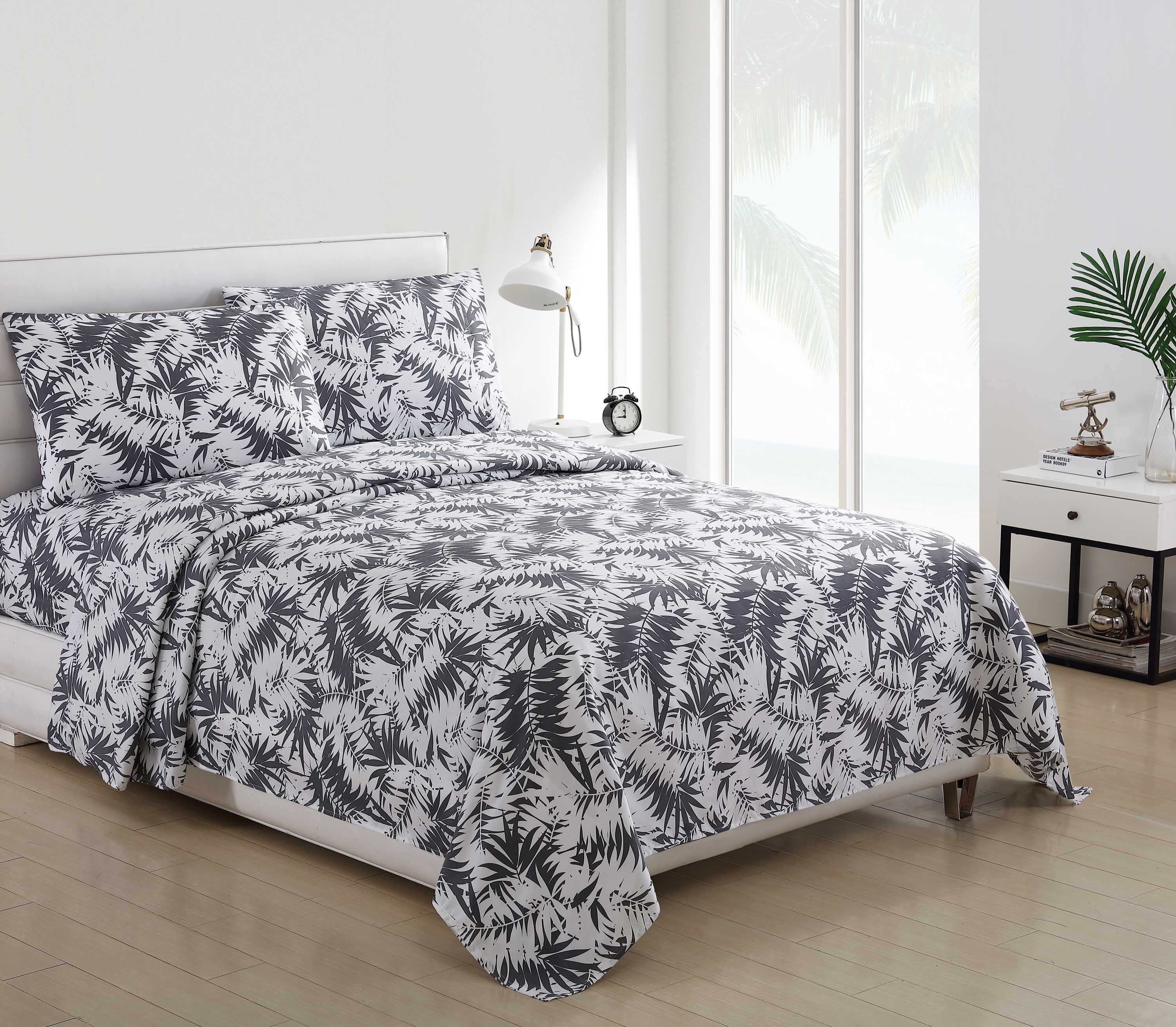 4 Piece Bed Sheet Set Gray and White Beach House Palm Fern Leaves
