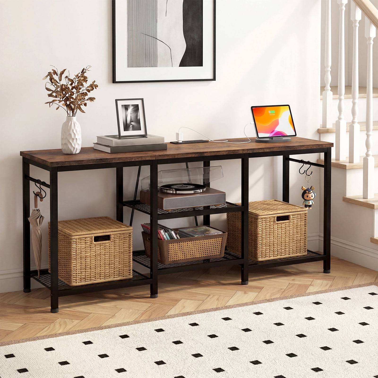 Tomnk TV Stand for 55 Inch TV, Entertainment Center with Power Outlet and Open Storage Shelves, Media Console Table for Living Room and Bedroom, Rustic Brown