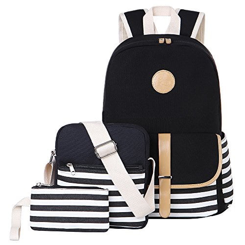 BLUBOON Teens Backpack Set Canvas Girls School Bags Bookbags 3 in 1 Black-14 