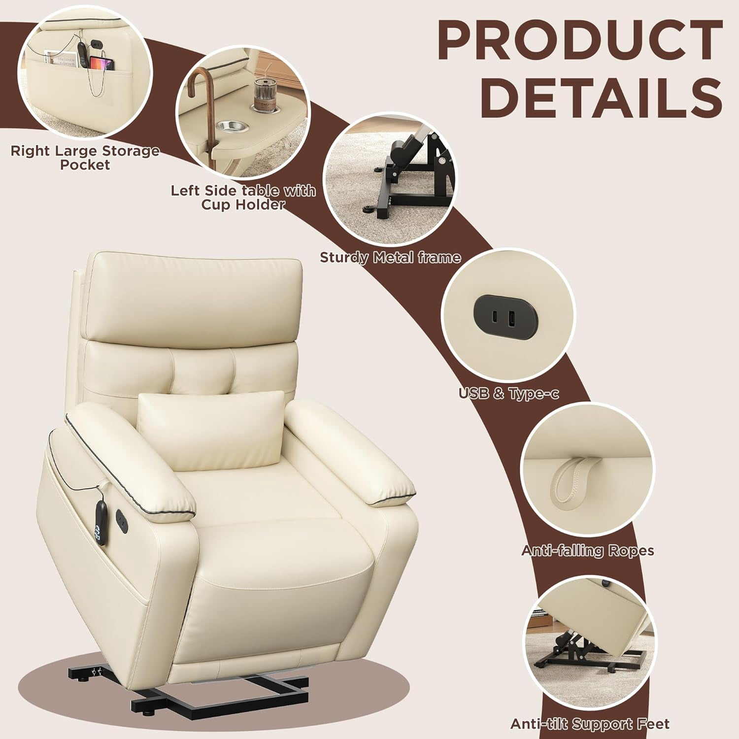 Vabches Power Lift Recliner Chair Dual Motor, Electric Leather Recliner for Adults with Cup Holder, Tray and USB & Type-C, Pillow Side Pocket