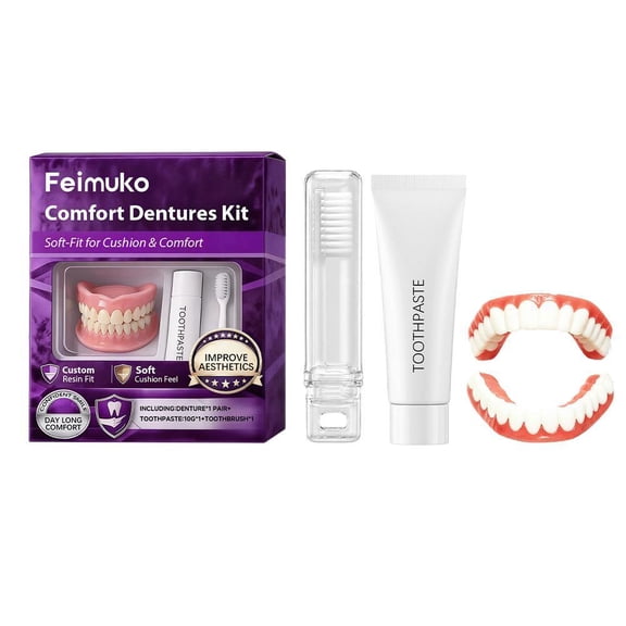 White Denture Fitting Kit with Flexible Resin Base, Cleaning Tools and Storage Tube for a Natural Smile