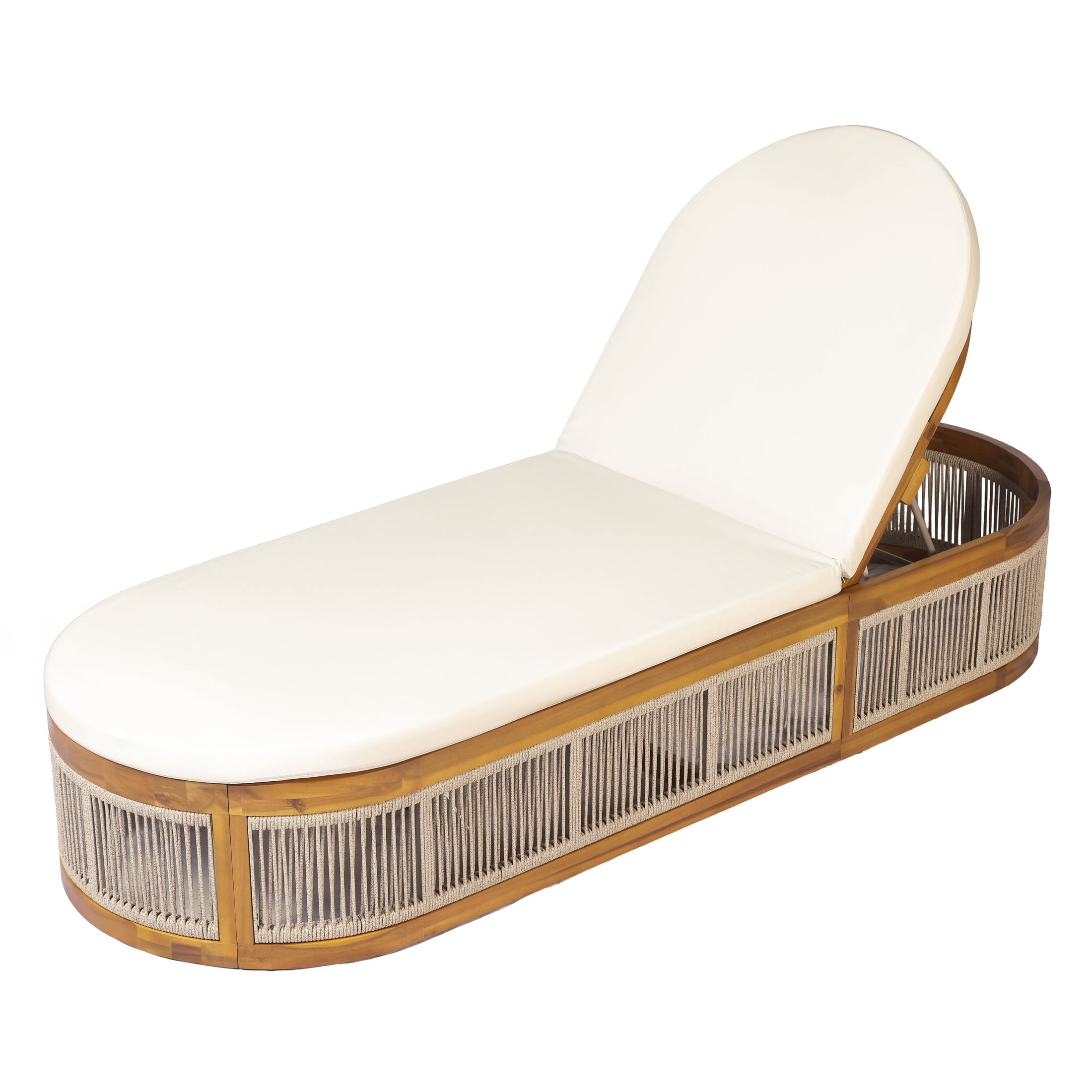 Christopher Knight Home Outdoor Chaise Lounge with 2-Fold Cream Cushion, Rope Side Panels, Teak + Brown