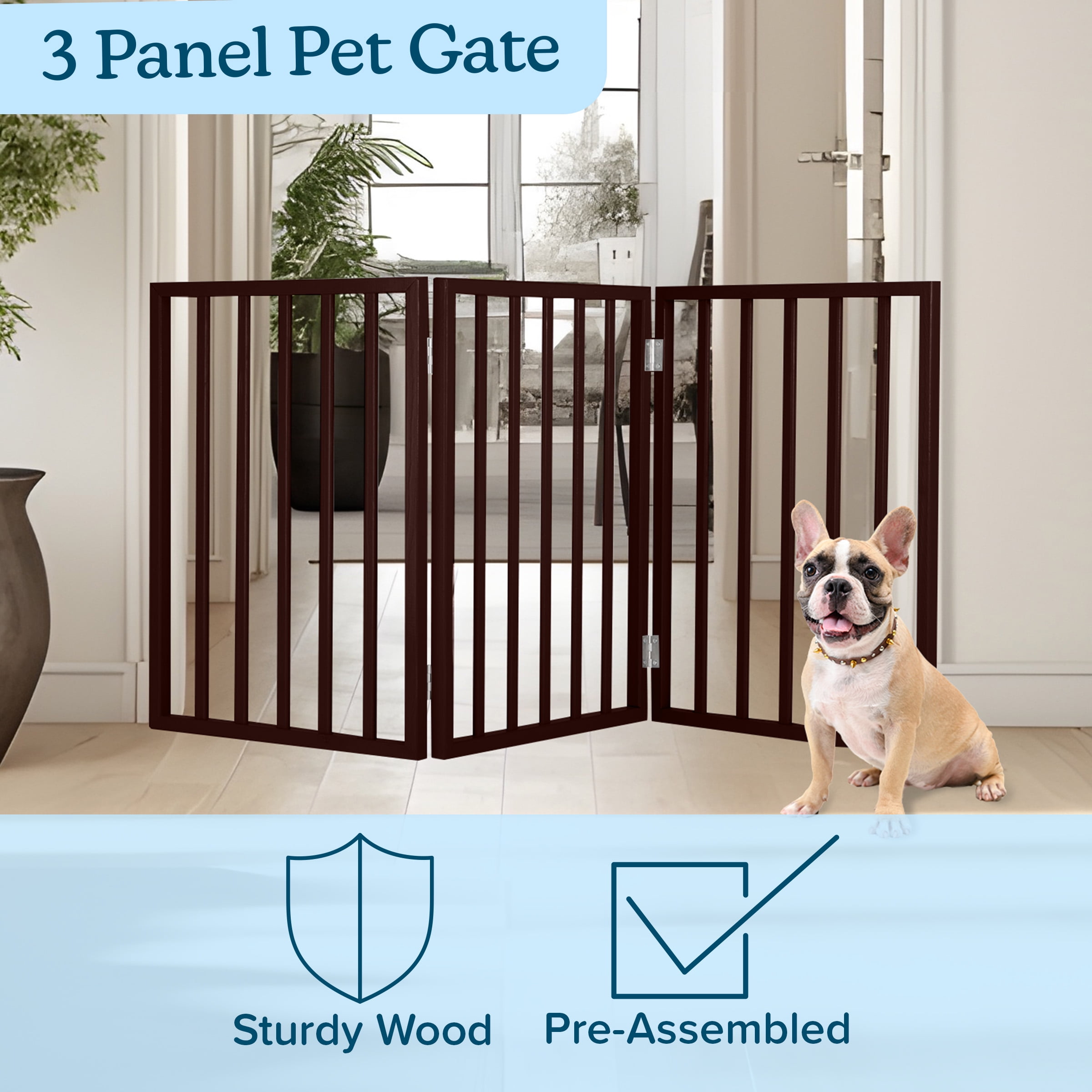 PETMAKER 3-Panel Indoor Foldable Pet Gate for Stairs or Doorways (Brown)