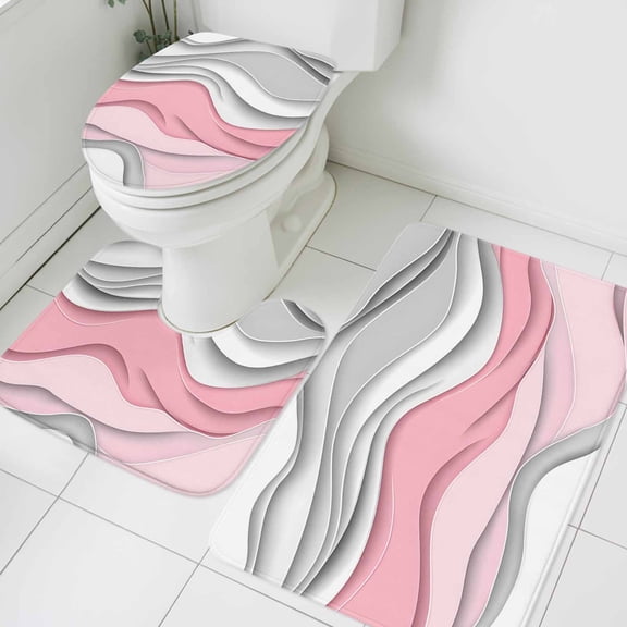 Pink Gray Bathroom Rugs Set Gradient Water Ripple Modern Abstract Geometric Non Slip Absorbent Soft Bath Mats 3 Piece Set with Bathroom Rug, U-Shaped Floor Mat, Toilet Seat Cover Small Size