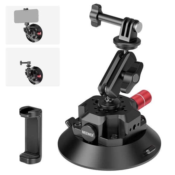 NEEWER 4.5" Suction Cup Camera Mount with Ball Head Magic Arm, 1/4" 3/8" ARRI Holes, Quick Release Car Mount with Phone Holder & Action Cam Adapter C