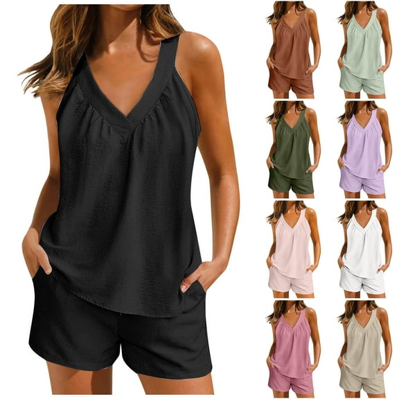 Utoimkio Casual Pajama Sets for Women Sleeveless V Neck Tank Top Shirts & Shorts Two Piece Outfits Soft Comfortable Loungewear Pjs Short Sets for Women S-XXL