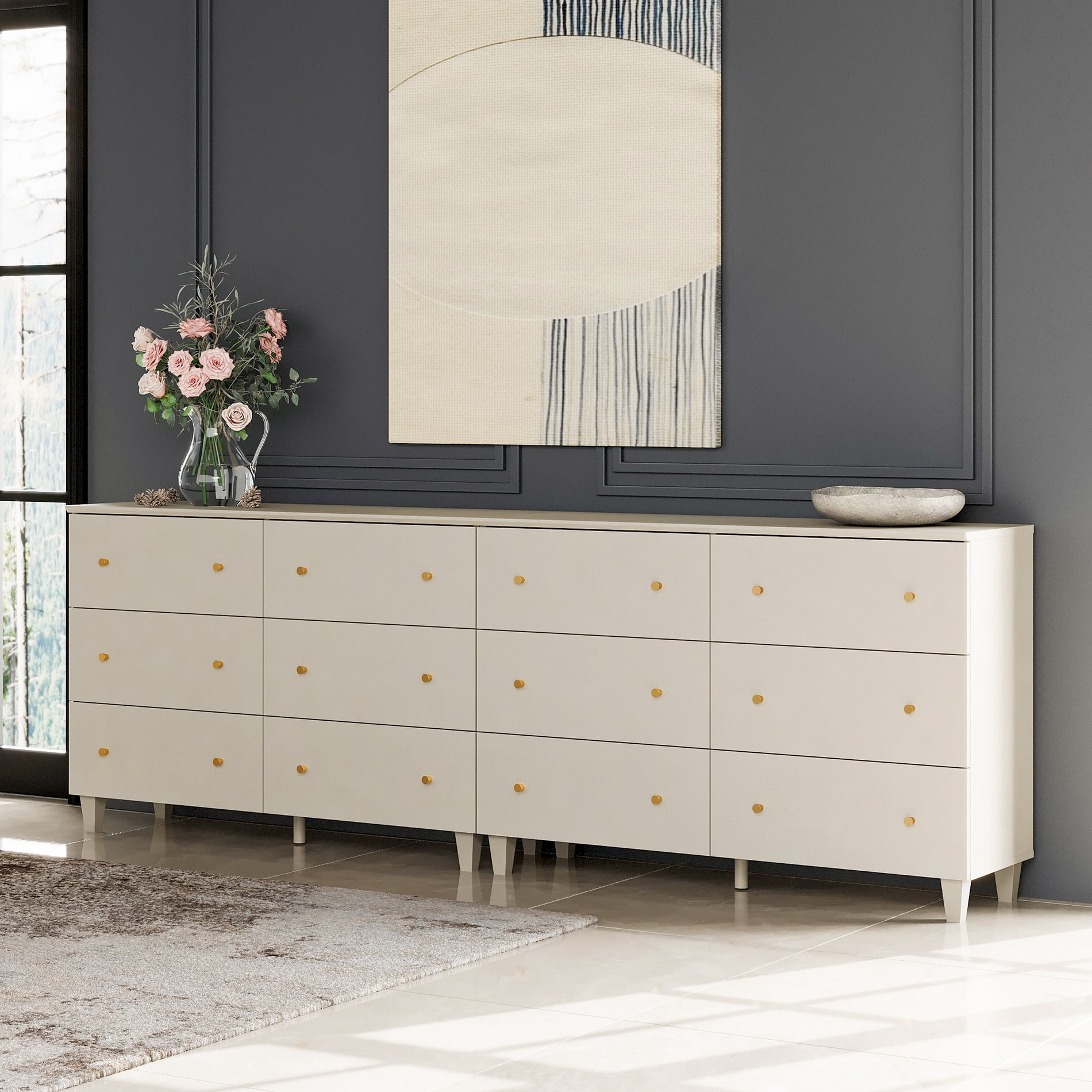 12 Drawers Dresser for Bedroom, 2-in-1 Modern Wooden Chest of Drawers, 94" Wide, Beige Linen Printed Finish