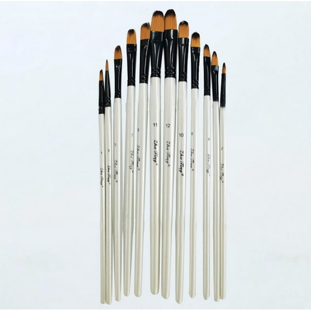 xihbxyly hallazgos de ganga 12 pinceles para pintar con acuarela, pincel, aceite, acrílico, kit de pintura plana y de punta — Set de 12 pinceles multicolor con mangos blancos y virolas negras, puntas planas y redondas numeradas para acuarela, óleo y acrílico; vista frontal, pinceles alineados verticalmente sobre fondo blanco. Suele usarse también para detalles en manualidades y modelismo.