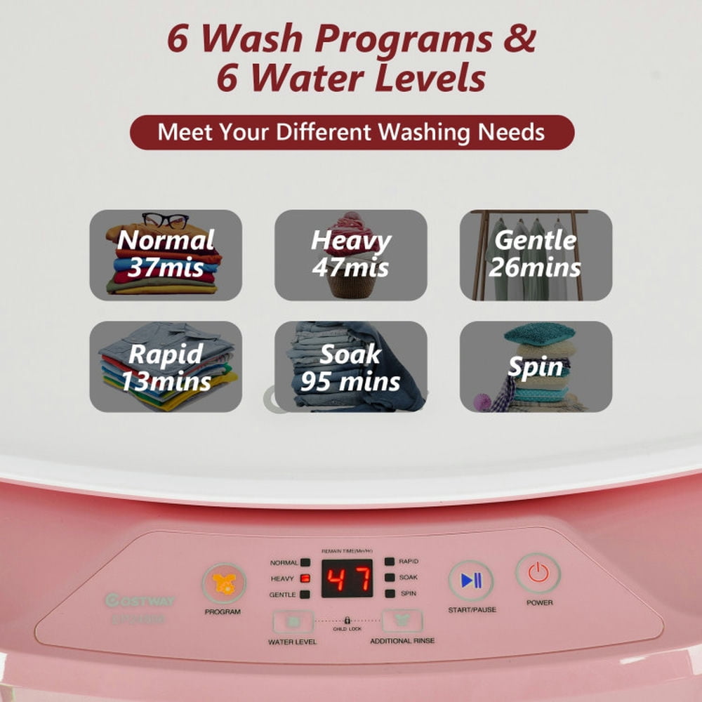 Topcobe 8lbs Portable Fully Automatic Washing Machine with Drain Pump, Space Saving Compact Washer-Pink