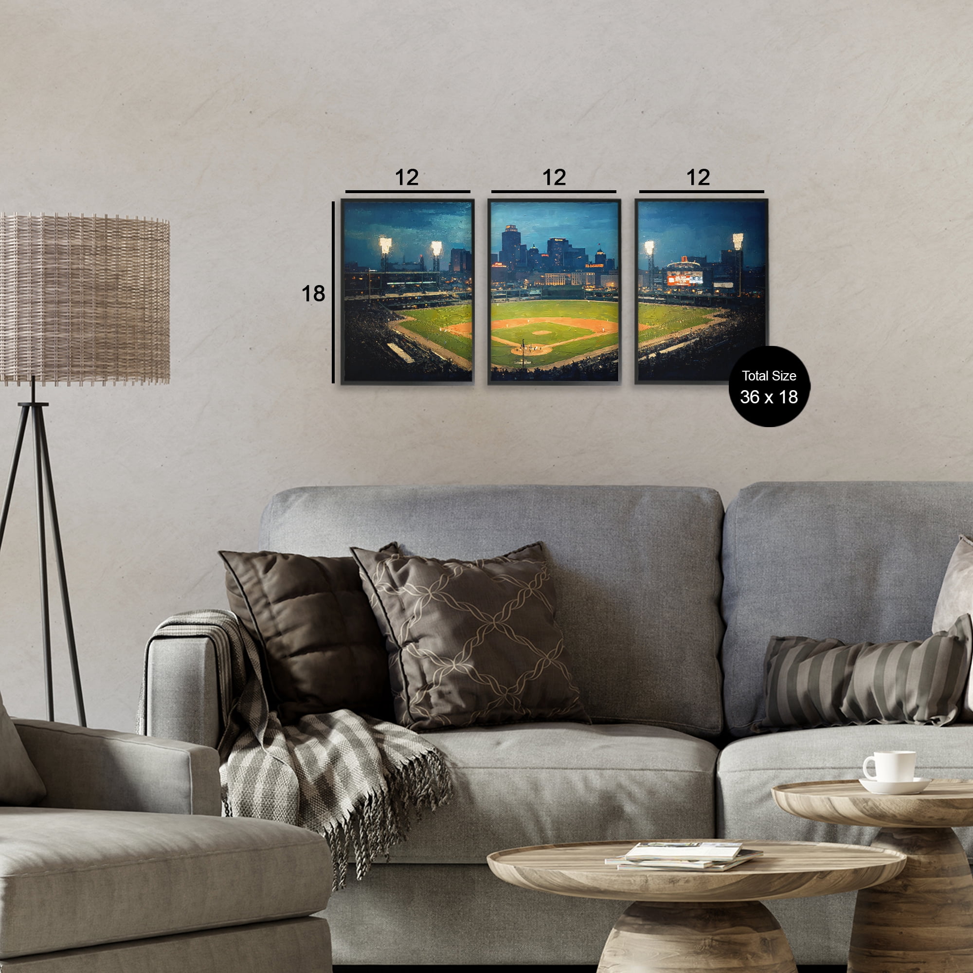 Stupell Industries Baseball Stadium Night View 3 Piece Black Framed Giclee Art Set, design by Arlington Prints