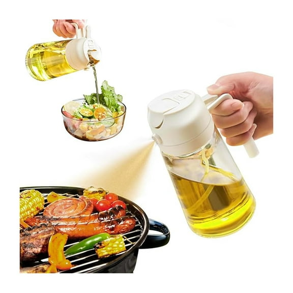 17oz Glass Olive Oil Bottle Sprayer for Cooking - 2 in 1 Refillable Oil Dispenser Bottle for Kitchen, 470ml Glass Oil Spray Bottle for Healthy Cooking, Baking, Grilling, Salad, and Air Frying (Beige)