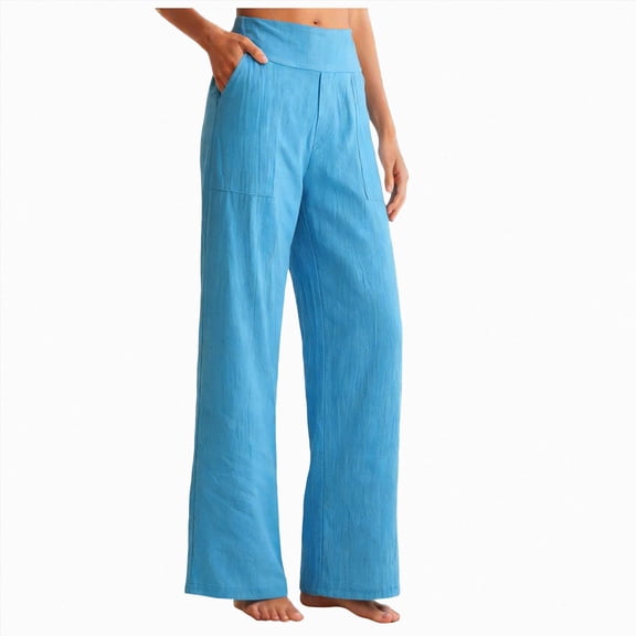 Gubotare Palazzo Pants for Women Women's Cotton Linen Summer Palazzo Pants Wide Leg Beach Trousers with Pockets (Sky Blue,XL)