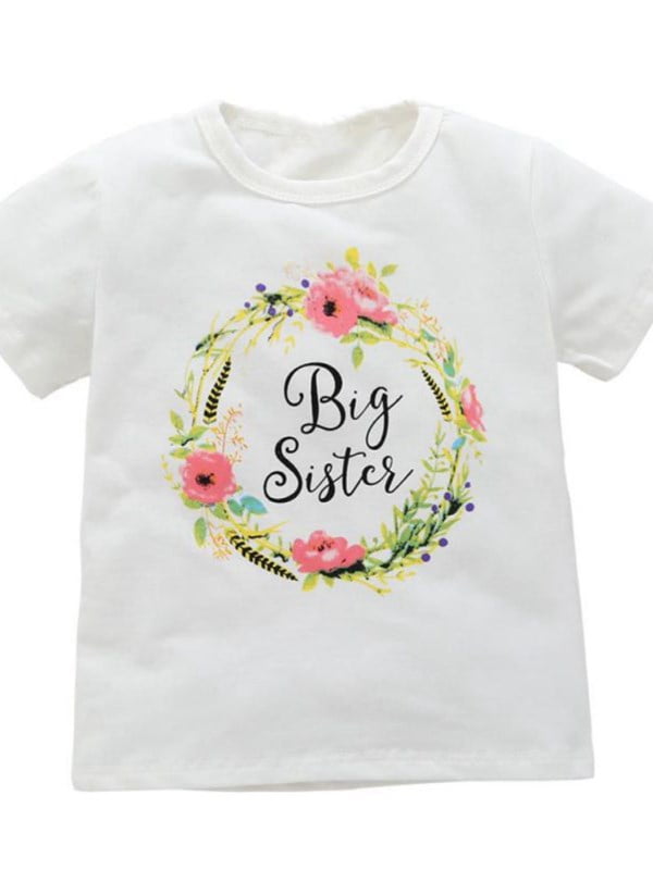 Printed Pink Floral Gift Top Matching Girls Big & Little Sister Wreath T-Shirt