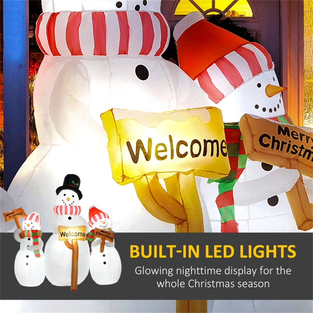 6FT Inflatable 3 Snowmen Decor with Signs, LED Lights with Ground Stakes Drawstrings Sandbag for Indoor Outdoor Holiday Decor