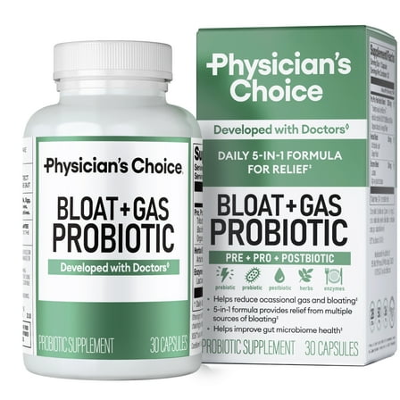 Physician's Choice Bloat & Gas 5-in-1 Probiotic for Digestion Support & Gas Relief, 30 Count