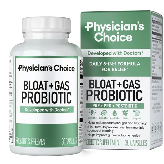 Physician's Choice Bloat & Gas 5-in-1 Probiotic for Digestion Support & Gas Relief, 30 Count