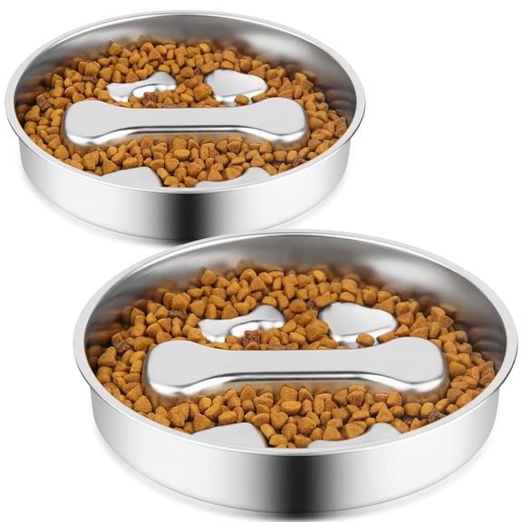 Stainless Steel Slow Feeder Dog Bowls,2 Pcs Slow Food Bowl for Dog & Cat - 2 Cups Capacity,Bone-Shaped Design Pet Food Holder,Metal Non-Slip Lick Plate