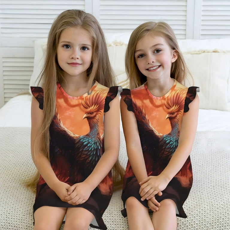 Xecao Sunset Blossoms Phoenix Perch Print Pajama Dresses for Girls