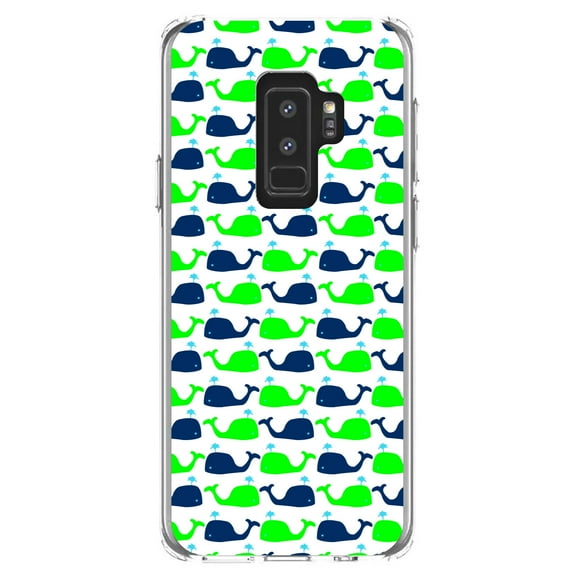 DistinctInk Clear Shockproof Hybrid Case for Samsung Galaxy S9  PLUS (6.2" Screen) - TPU Bumper, Acrylic Back, Tempered Glass Screen Protector - Green Navy Cartoon Whales - Cartoon Whales