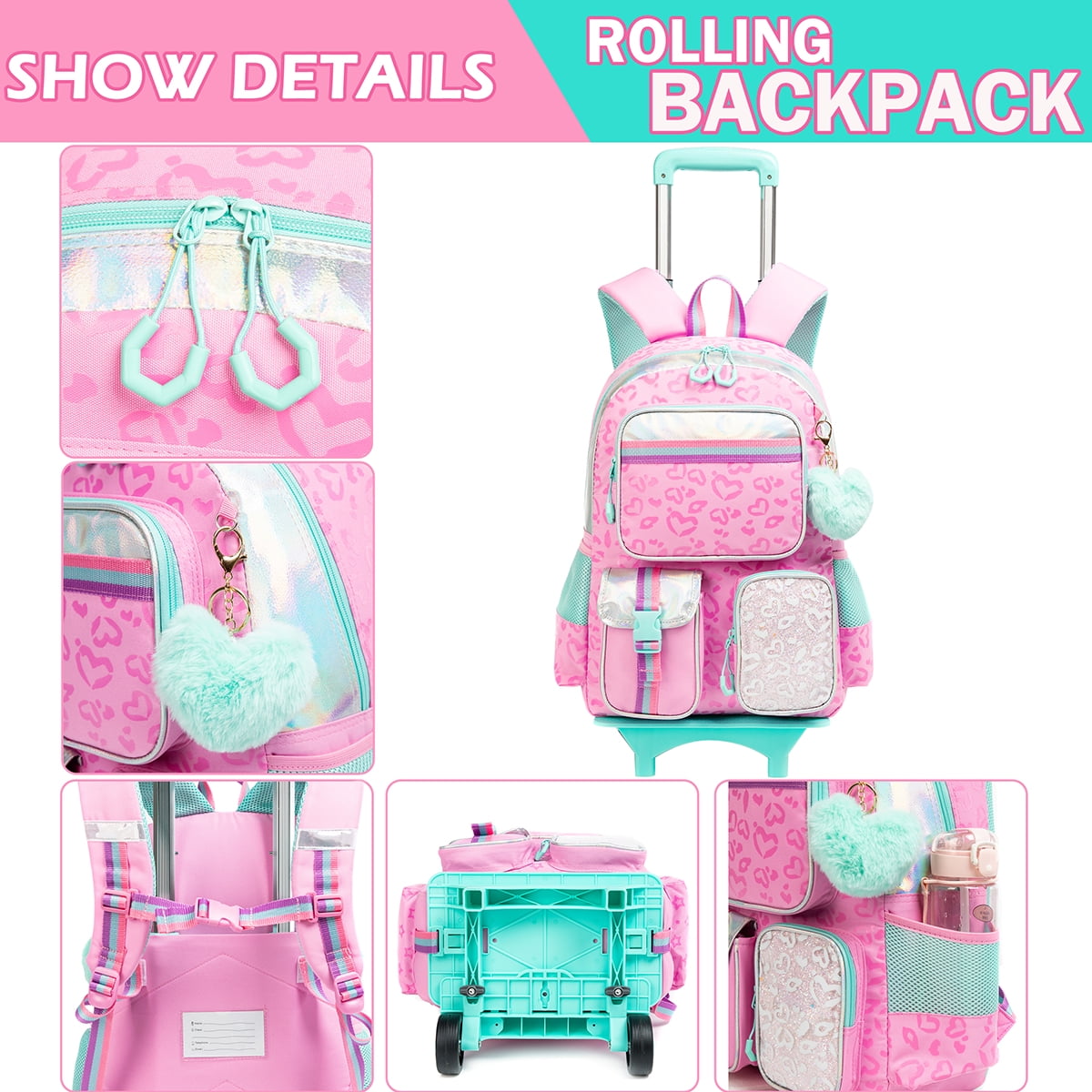 Pink Kids Rolling Backpack for Girls with Wheels Roller School Backpacks with Lunch Box Pen Bag 3 In 1 for Elementary Students