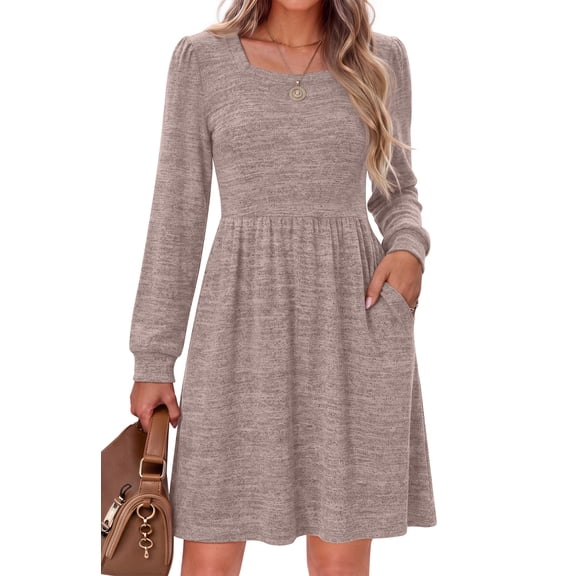 Fantaslook Square Neck Long Sleeve Dresses for Women Casual Trendy Sweater Dress with Pockets