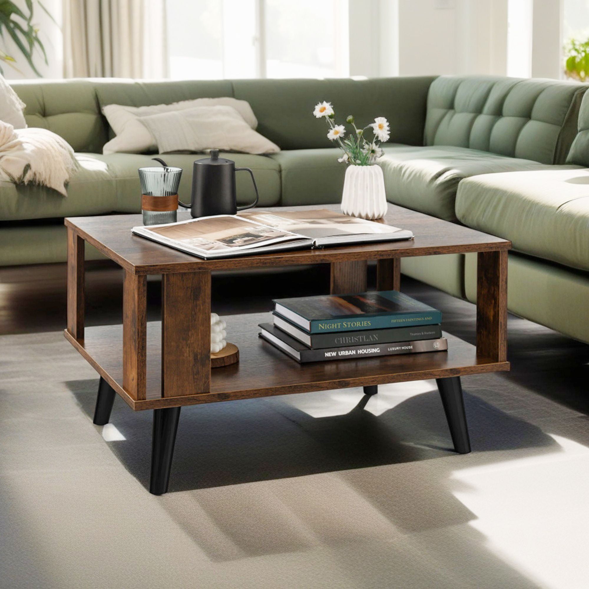 Demi Bonn 3-Piece Coffee Table Set, Compact Retro Mid-Century Coffee Table & 2 Irregular 2-Tier Wooden Nightstands with Elevated Metal Feet, for Living Room, Brown