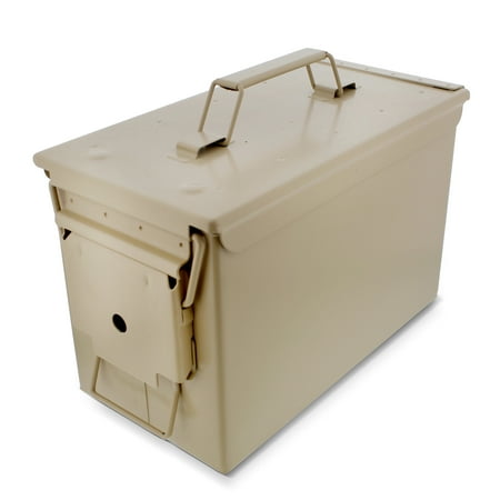 Tactical45 Metal Ammo Box - 50 Cal Tan Ammo Storage Container with Flip Top