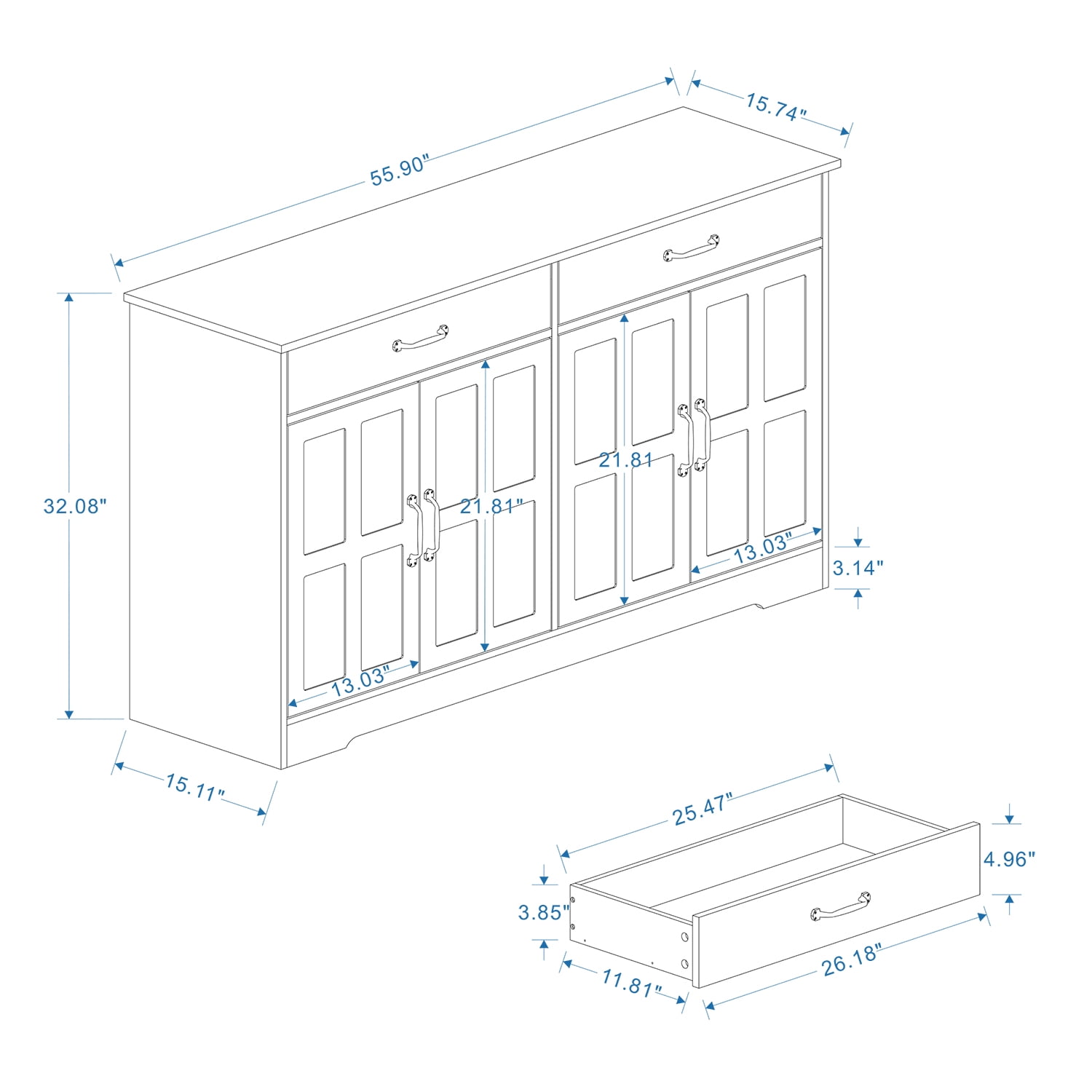 Prilinex 56" Buffet Cabinet with Storage, Large Kitchen Storage Sideboard with 2 Drawers & 4 Doors, Modern Wood Farmhouse Coffee Bar Cabinet, Buffet Table for Kitchen, Dining Room, Living Room, White