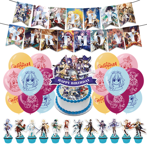 30 Pcs For Genshin Theme For Impact Birthday Party Decorations,With 1 Happy Birthday Banner Garland,16 Balloons,13 Cupcake Toppers,for Party Decorations