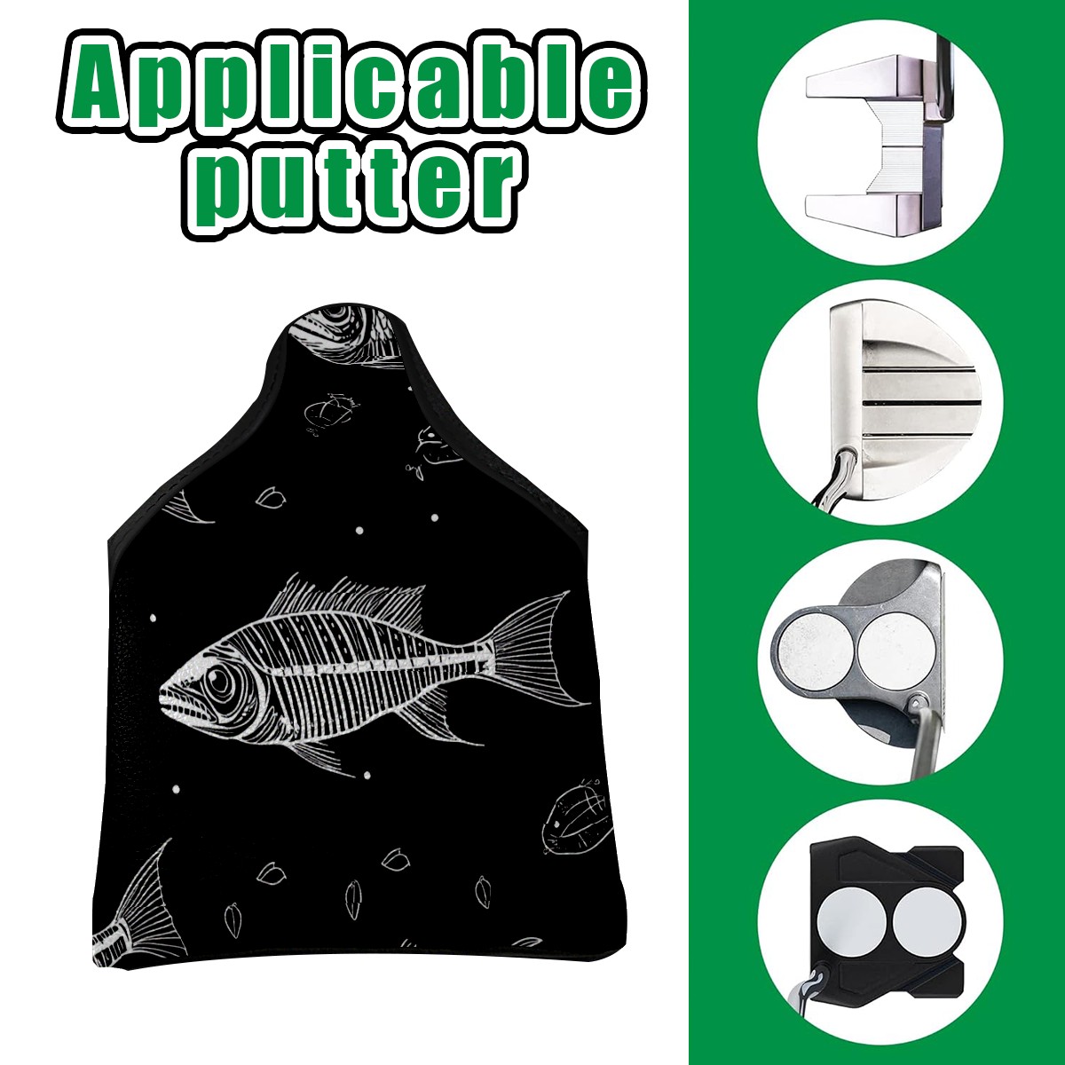 Golf Mallet Putter Cover Premium Leather Waterproof Golf Putter Head Cover with Magnetic Closure Cartoon Fish Bones