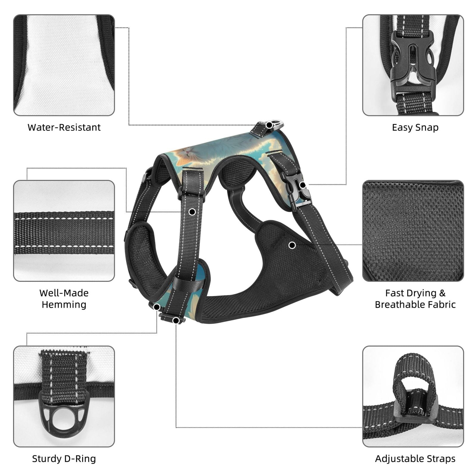 Vsdgher Sunshine Cute Winged Cat Pattern Dog Harness,No Pull Pet Harness with Soft Padded Handle,Adjustable Reflective Vest with 2 Buckles,4 Slide Buckles,S-XL
