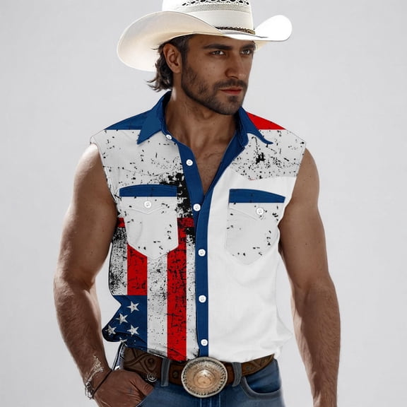 KeShDi Men 4th July Tank Tops Loose Tank Tops Men Casual Fashion Independence Day Print Turndown Collar Sleeveless Pockets Sports Tank White 3X