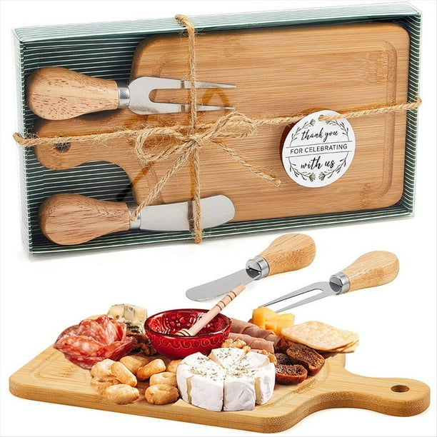 Juego de Tabla de Quesos de Bambú con Cuchillos, Tenedores y Etiquetas de Agradecimiento: Ideal para Despedidas de Soltera, Baby Showers y Regalos de Inauguración.