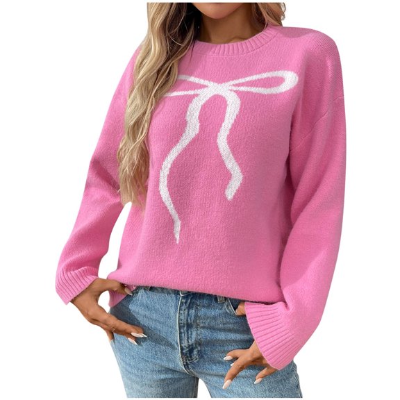Generic Women's Bow Print Drop Shoulder Long Sleeve Sweater Crew Neck Knit Fall Tops