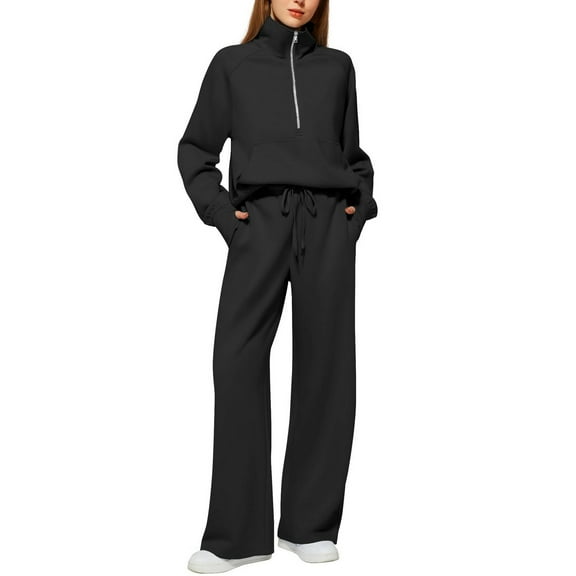 SWSMCLT Women's Billowy 2 Piece Outfit Shirt With Pants Set Comfy Half Zip Fall Chic Jogger Band Collar Long Sleeve Activewear Set Black XX-Large