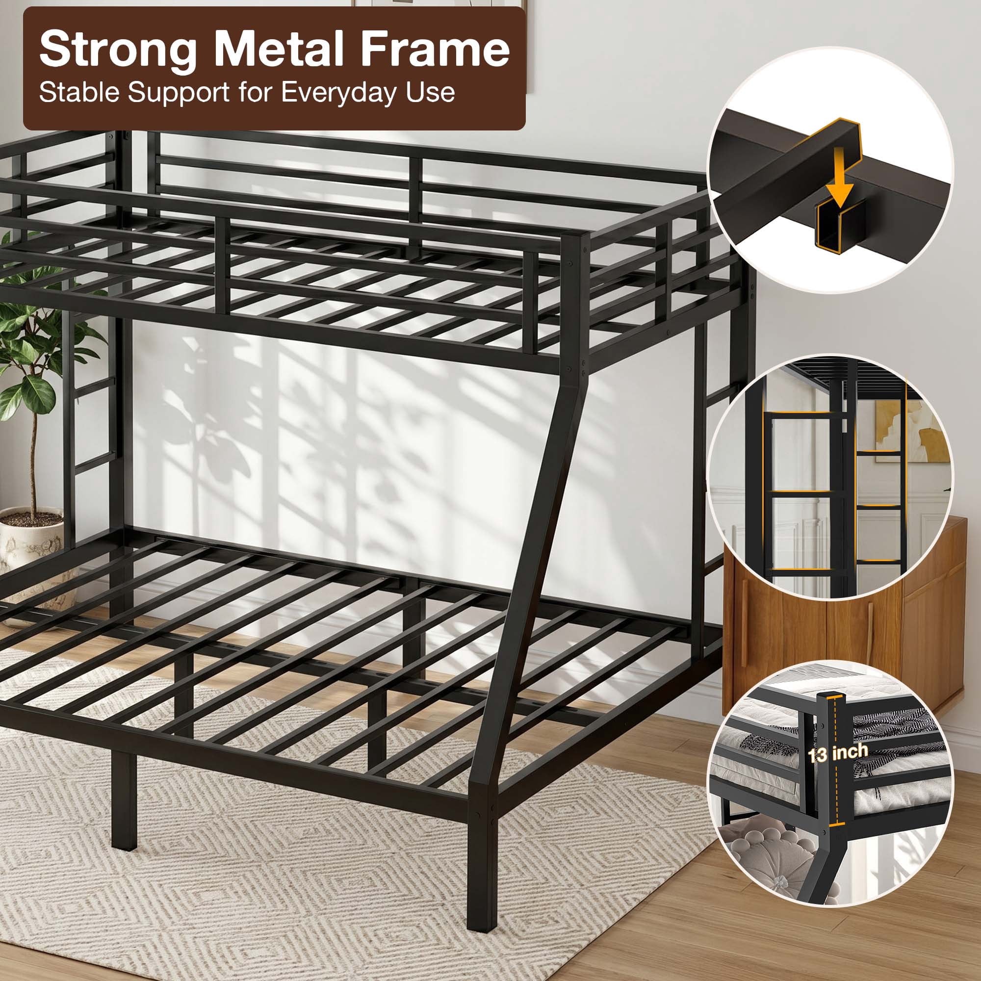 Miniyam Twin Over Full Metal Bunk Bed with Ladder and Guardrails, Black Finish