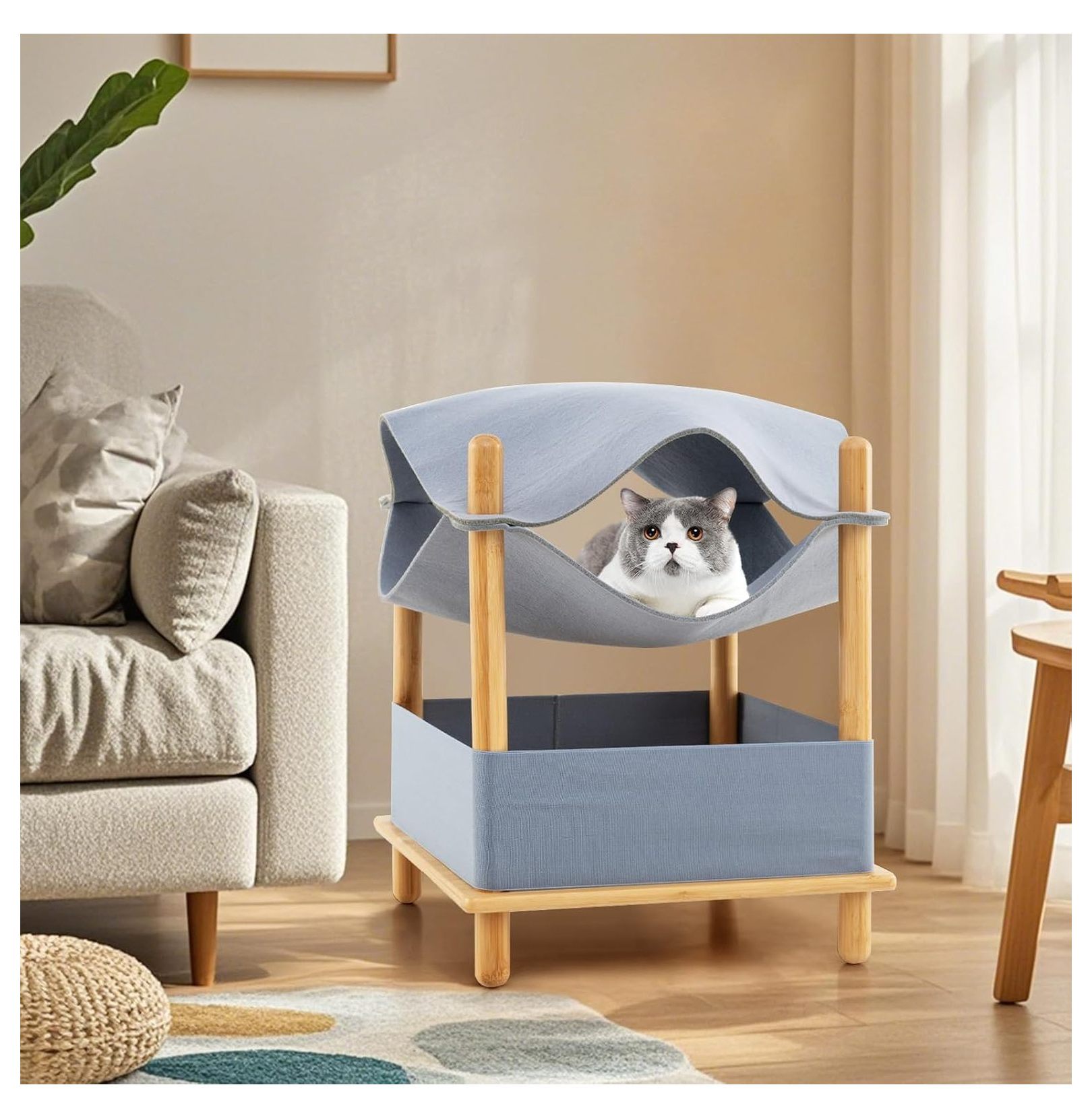 Elevated Cat Bed for Indoor Cats, 2-Tier Cat Cave with Felt Hammock, Bamboo Frame, Storage Shelf - Small Condo for Kittens & Adult Cats